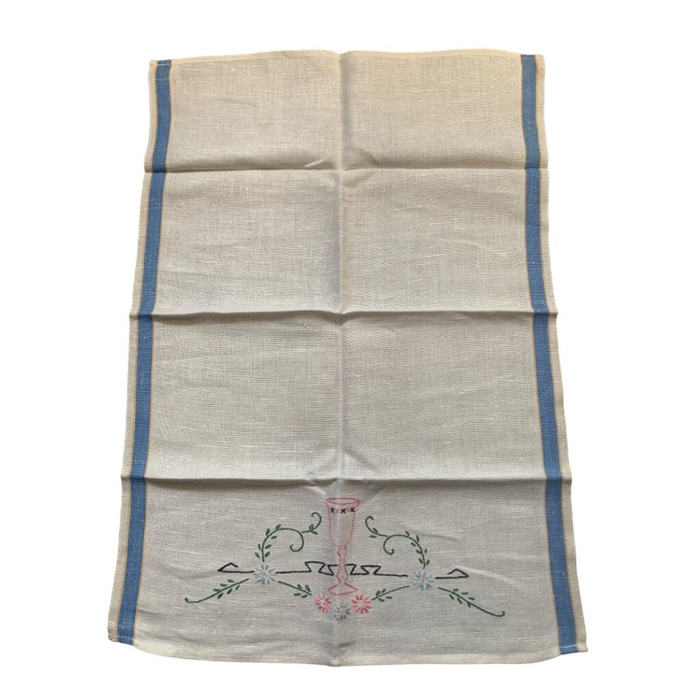 Embroidered Linen Tea Towel 17x25" Floral Chalice Design White/Blue Vtg